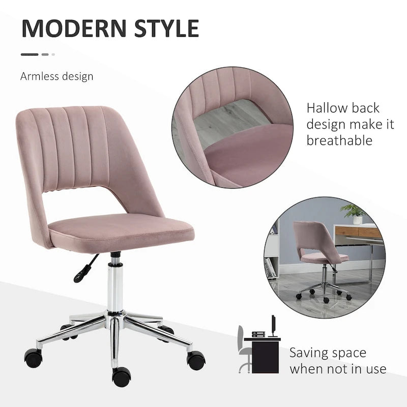 Chaise de bureau moderne Vinsetto à dossier mi-hauteur en tissu velours, chaise de bureau pivotante sans accoudoirs