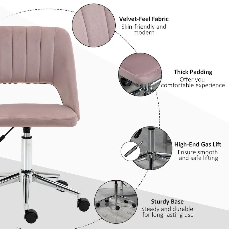 Chaise de bureau moderne Vinsetto à dossier mi-hauteur en tissu velours, chaise de bureau pivotante sans accoudoirs