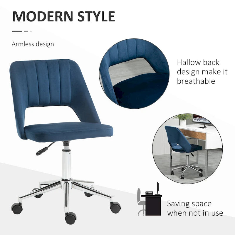 Chaise de bureau moderne Vinsetto à dossier mi-hauteur en tissu velours, chaise de bureau pivotante sans accoudoirs