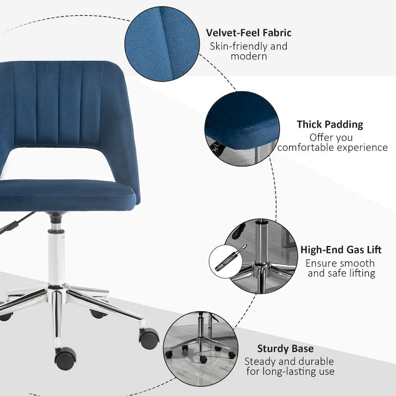 Chaise de bureau moderne Vinsetto à dossier mi-hauteur en tissu velours, chaise de bureau pivotante sans accoudoirs