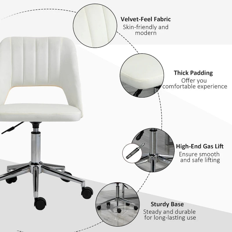 Chaise de bureau moderne Vinsetto à dossier mi-hauteur en tissu velours, chaise de bureau pivotante sans accoudoirs