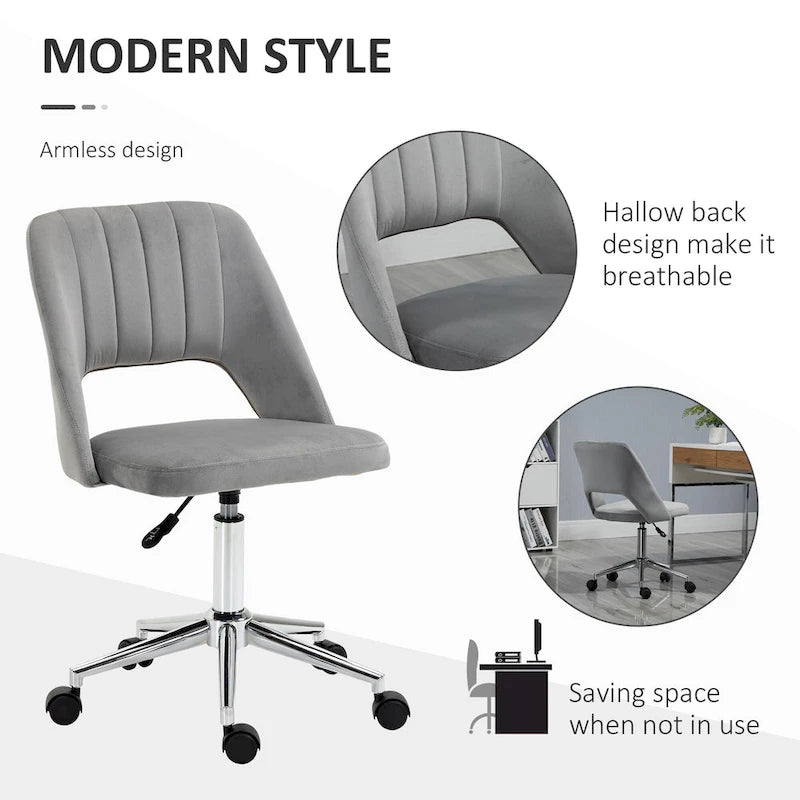 Chaise de bureau moderne Vinsetto à dossier mi-hauteur en tissu velours, chaise de bureau pivotante sans accoudoirs