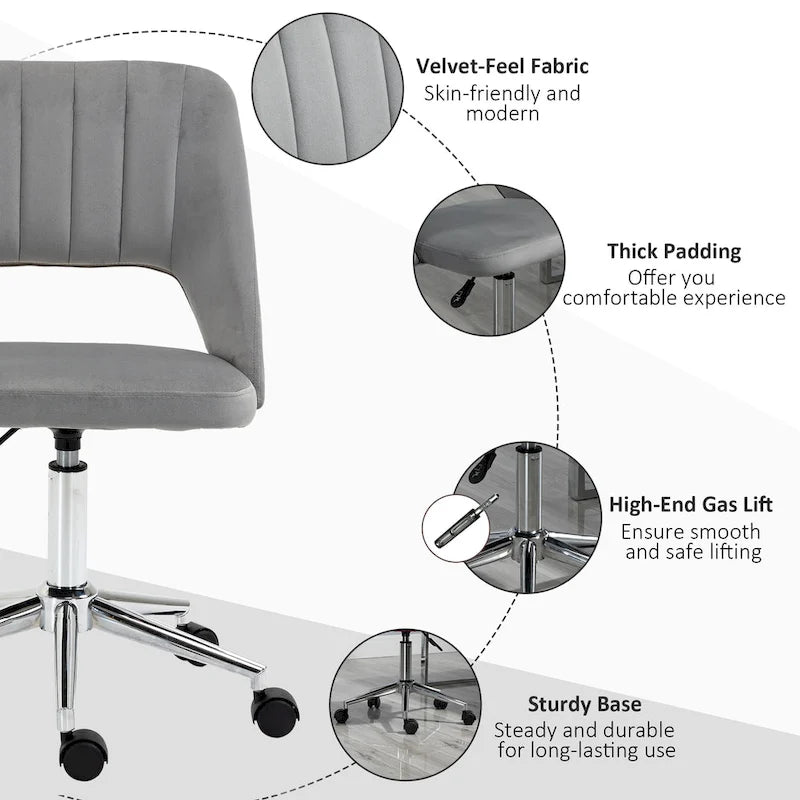 Chaise de bureau moderne Vinsetto à dossier mi-hauteur en tissu velours, chaise de bureau pivotante sans accoudoirs