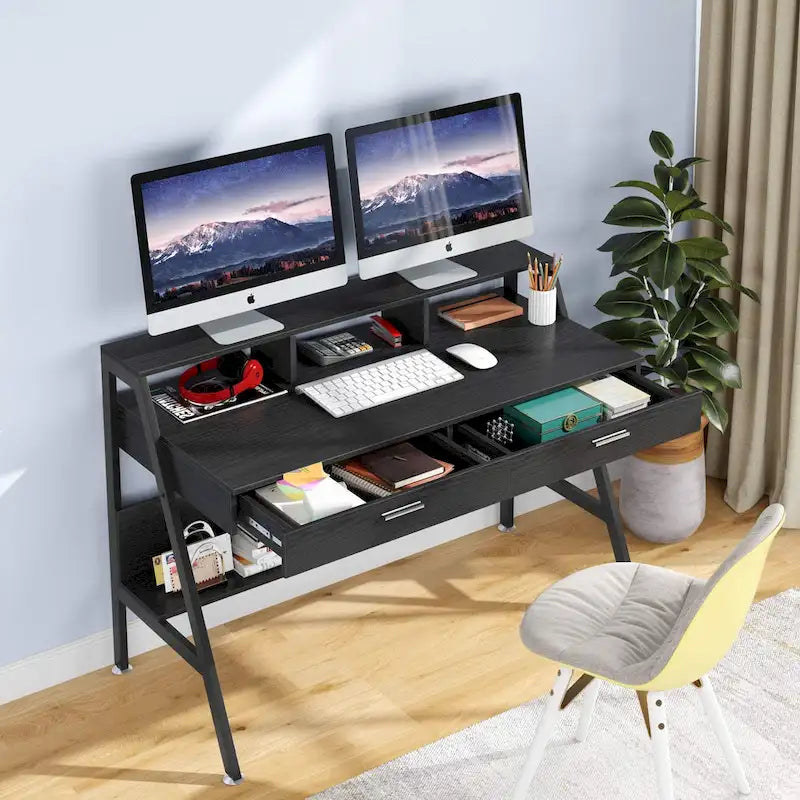 Bureau informatique de 120 cm avec tiroirs, rangements et étagère rehausseur d'écran