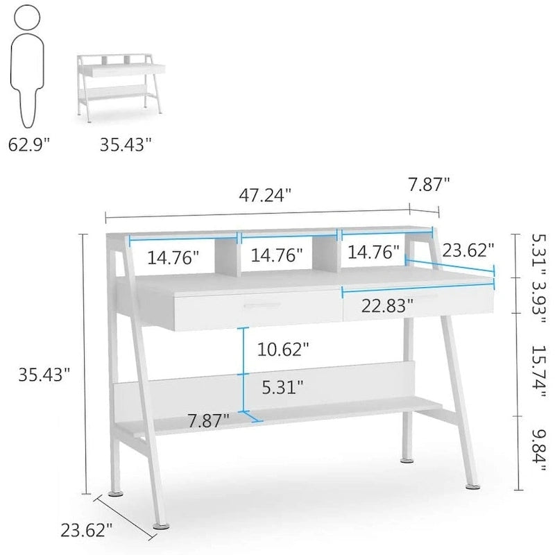 Bureau informatique de 120 cm avec tiroirs, rangements et étagère rehausseur d'écran