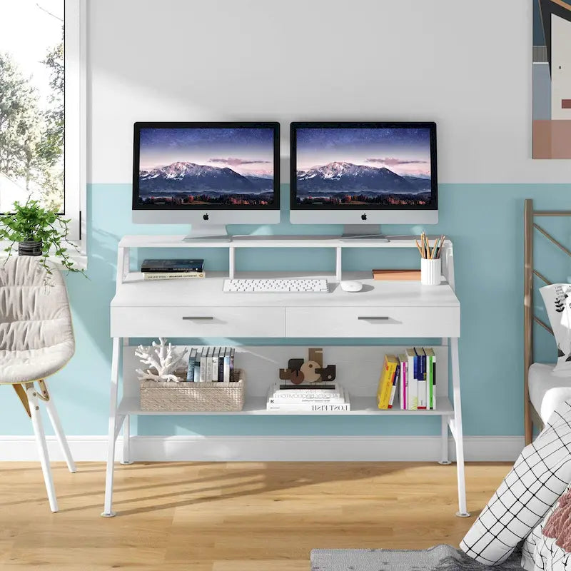 Bureau informatique de 120 cm avec tiroirs, rangements et étagère rehausseur d'écran