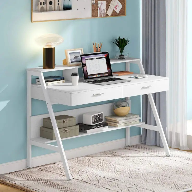 Bureau informatique de 120 cm avec tiroirs, rangements et étagère rehausseur d'écran