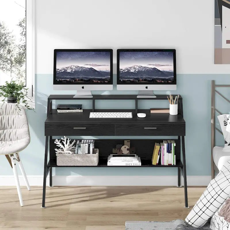Bureau informatique de 120 cm avec tiroirs, rangements et étagère rehausseur d'écran