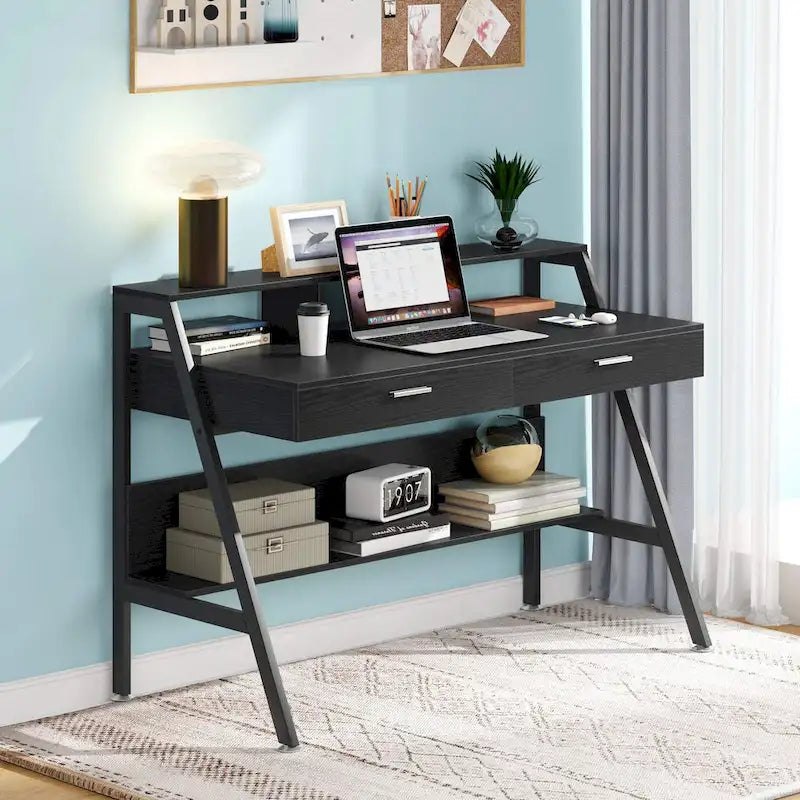 Bureau informatique de 120 cm avec tiroirs, rangements et étagère rehausseur d'écran