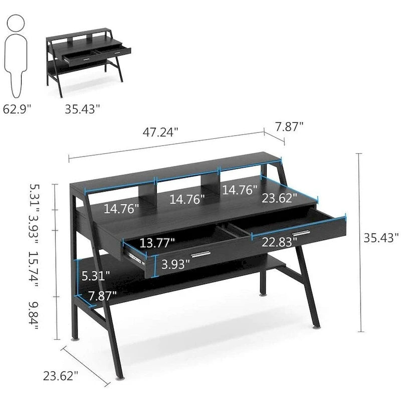 Bureau informatique de 120 cm avec tiroirs, rangements et étagère rehausseur d'écran