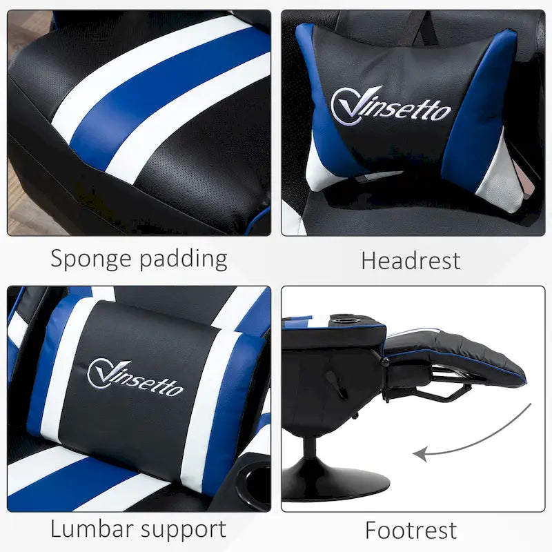 Chaise de jeu vidéo Vinsetto Racing avec dossier inclinable et repose-pieds, appuie-tête et porte-gobelet