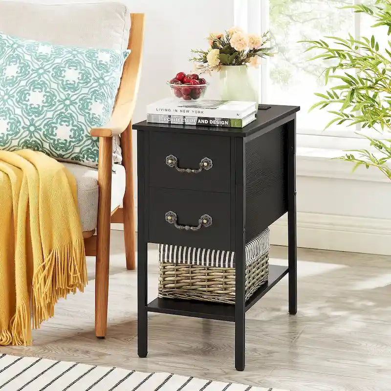 Lot de 2 tables de chevet avec station de charge, 2 ports USB et 2 prises de courant, table d'appoint haute avec 2 tiroirs et étagère de rangement