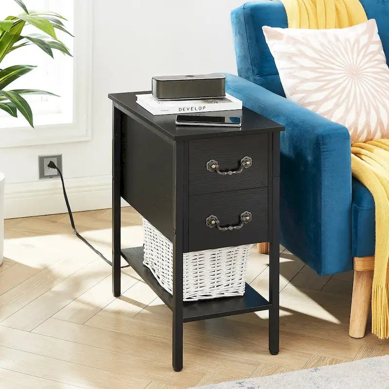 Lot de 2 tables de chevet avec station de charge, 2 ports USB et 2 prises de courant, table d'appoint haute avec 2 tiroirs et étagère de rangement