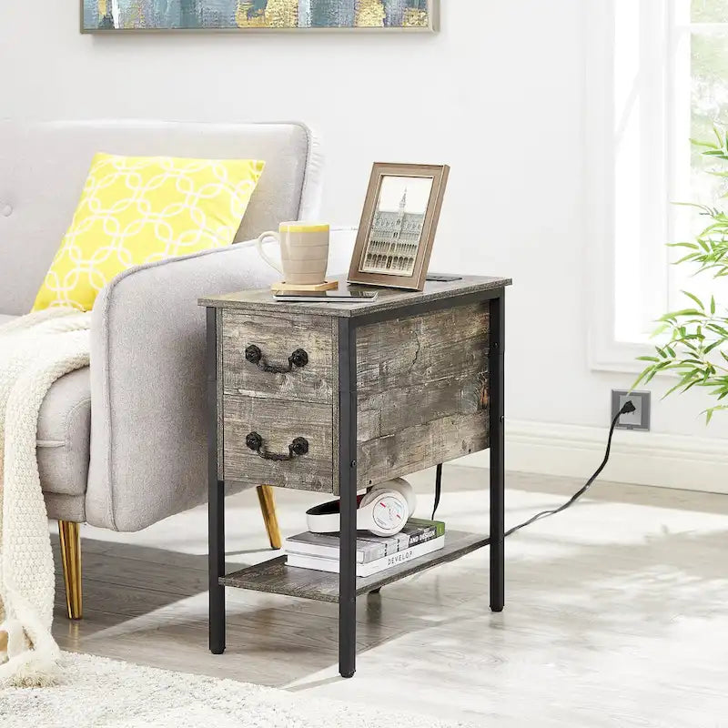 Lot de 2 tables de chevet avec station de charge, 2 ports USB et 2 prises de courant, table d'appoint haute avec 2 tiroirs et étagère de rangement