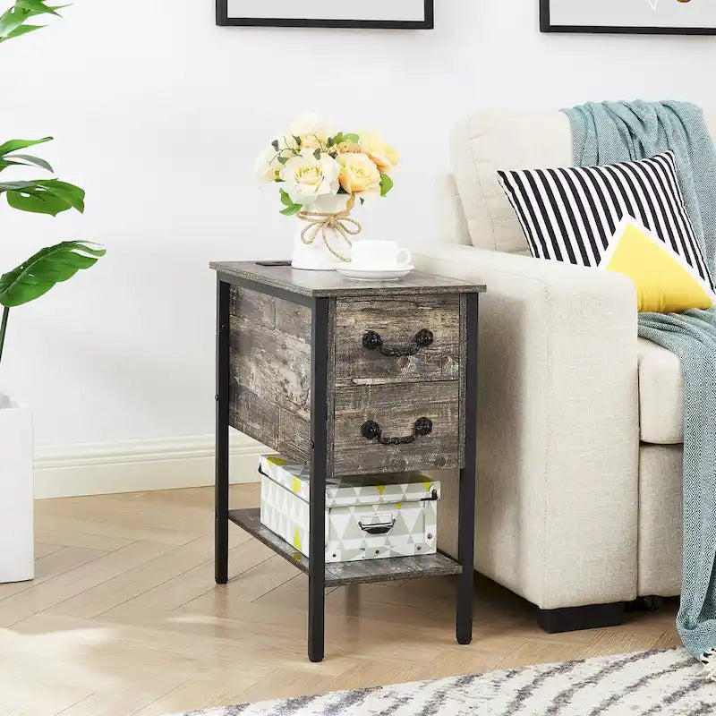 Lot de 2 tables de chevet avec station de charge, 2 ports USB et 2 prises de courant, table d'appoint haute avec 2 tiroirs et étagère de rangement
