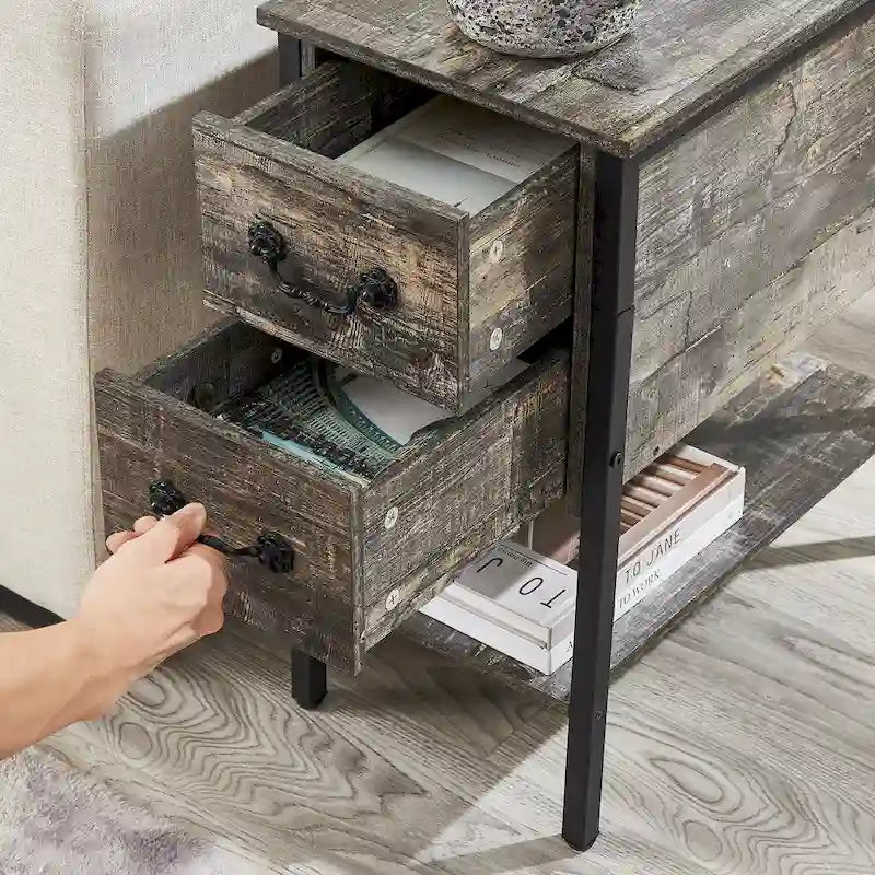 Lot de 2 tables de chevet avec station de charge, 2 ports USB et 2 prises de courant, table d'appoint haute avec 2 tiroirs et étagère de rangement