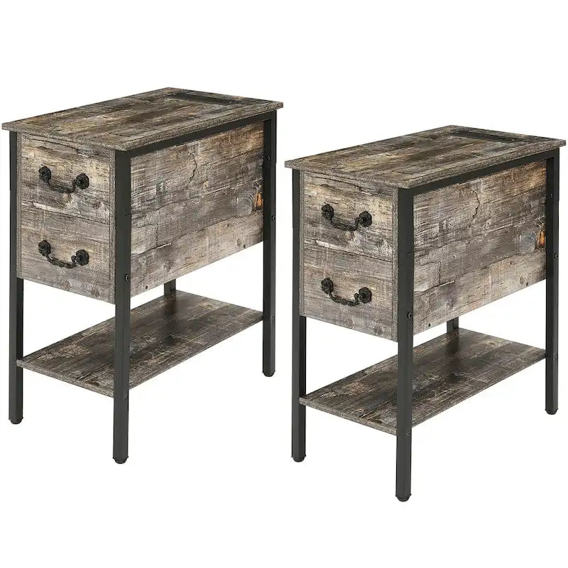 Lot de 2 tables de chevet avec station de charge, 2 ports USB et 2 prises de courant, table d'appoint haute avec 2 tiroirs et étagère de rangement
