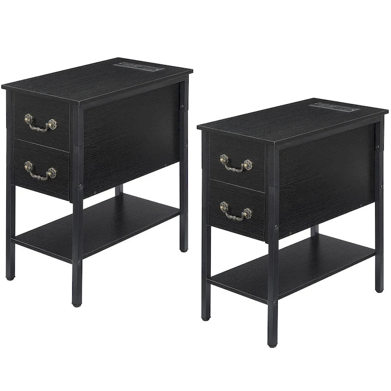 Lot de 2 tables de chevet avec station de charge, 2 ports USB et 2 prises de courant, table d'appoint haute avec 2 tiroirs et étagère de rangement