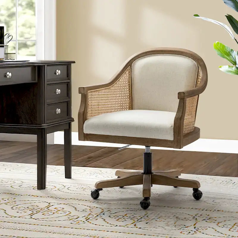 Chaise de bureau pivotante à 360 degrés et réglable en hauteur en rotin Danilo Farmhouse avec bois d'hévéa par HULALA HOME