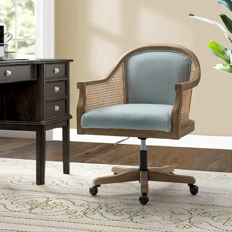 Chaise de bureau pivotante à 360 degrés et réglable en hauteur en rotin Danilo Farmhouse avec bois d'hévéa par HULALA HOME