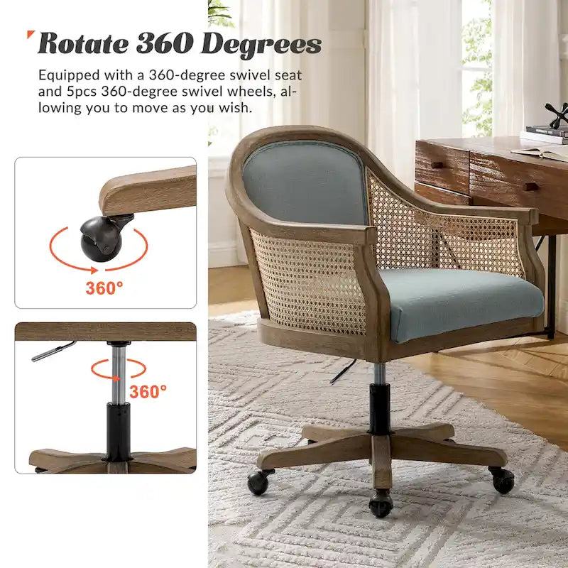 Chaise de bureau pivotante à 360 degrés et réglable en hauteur en rotin Danilo Farmhouse avec bois d'hévéa par HULALA HOME