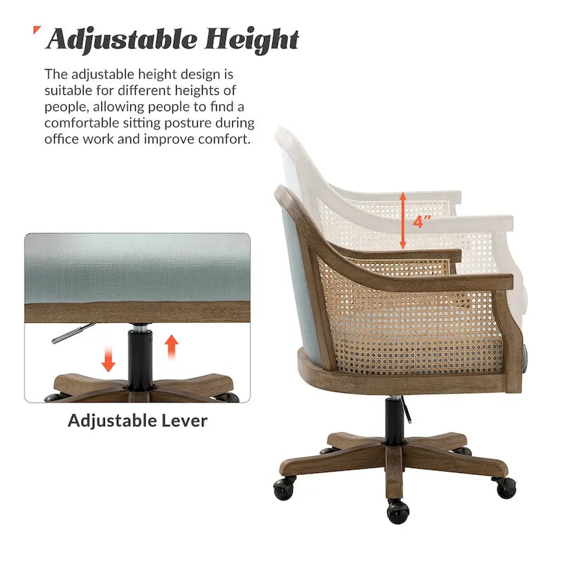 Chaise de bureau pivotante à 360 degrés et réglable en hauteur en rotin Danilo Farmhouse avec bois d'hévéa par HULALA HOME