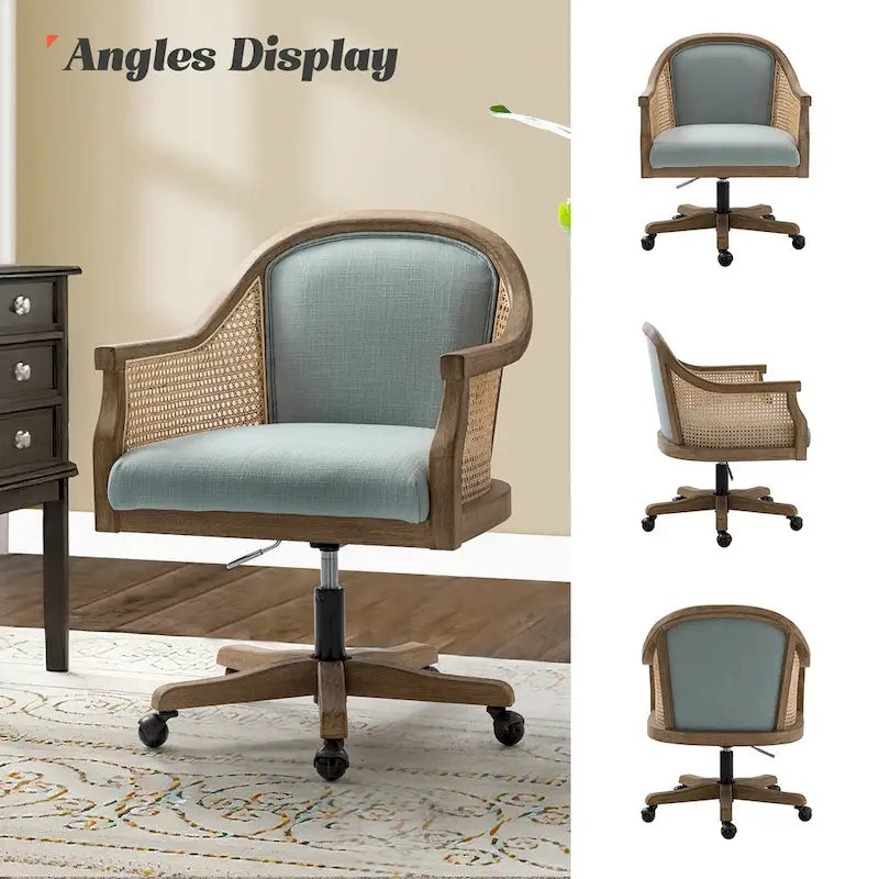 Chaise de bureau pivotante à 360 degrés et réglable en hauteur en rotin Danilo Farmhouse avec bois d'hévéa par HULALA HOME