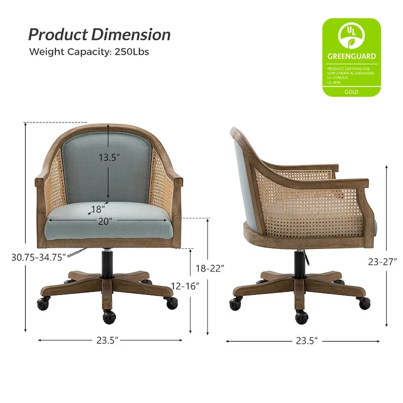 Chaise de bureau pivotante à 360 degrés et réglable en hauteur en rotin Danilo Farmhouse avec bois d'hévéa par HULALA HOME