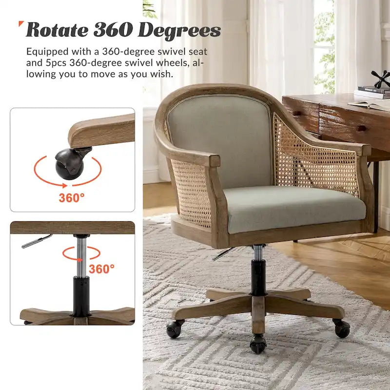 Chaise de bureau pivotante à 360 degrés et réglable en hauteur en rotin Danilo Farmhouse avec bois d'hévéa par HULALA HOME