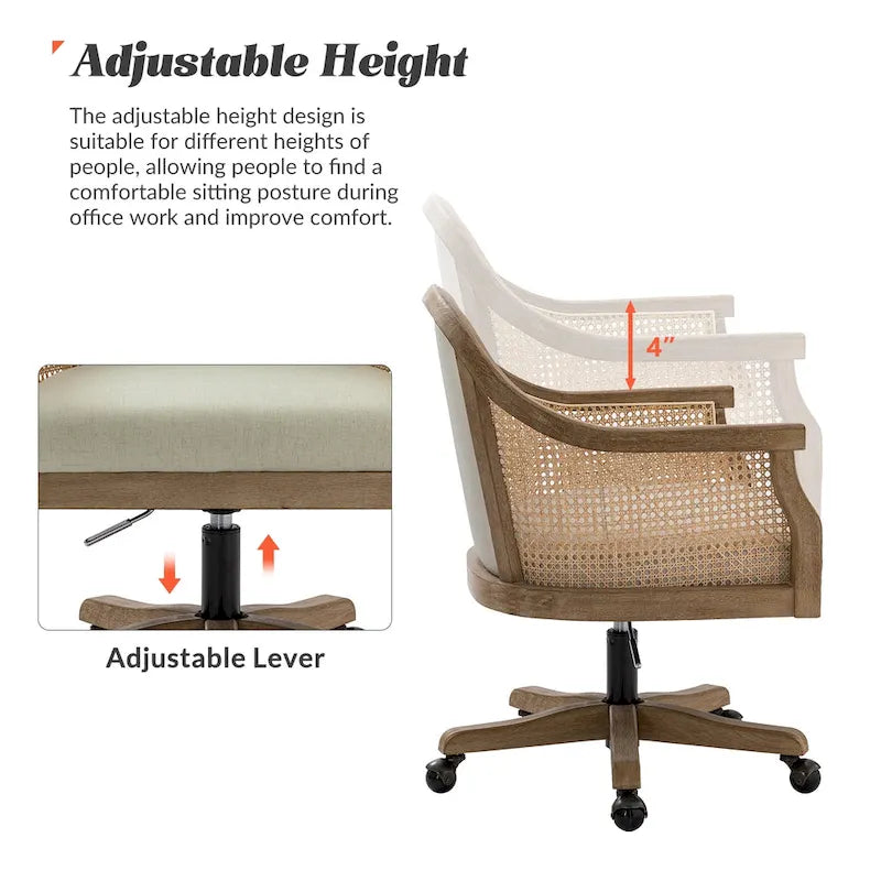 Chaise de bureau pivotante à 360 degrés et réglable en hauteur en rotin Danilo Farmhouse avec bois d'hévéa par HULALA HOME