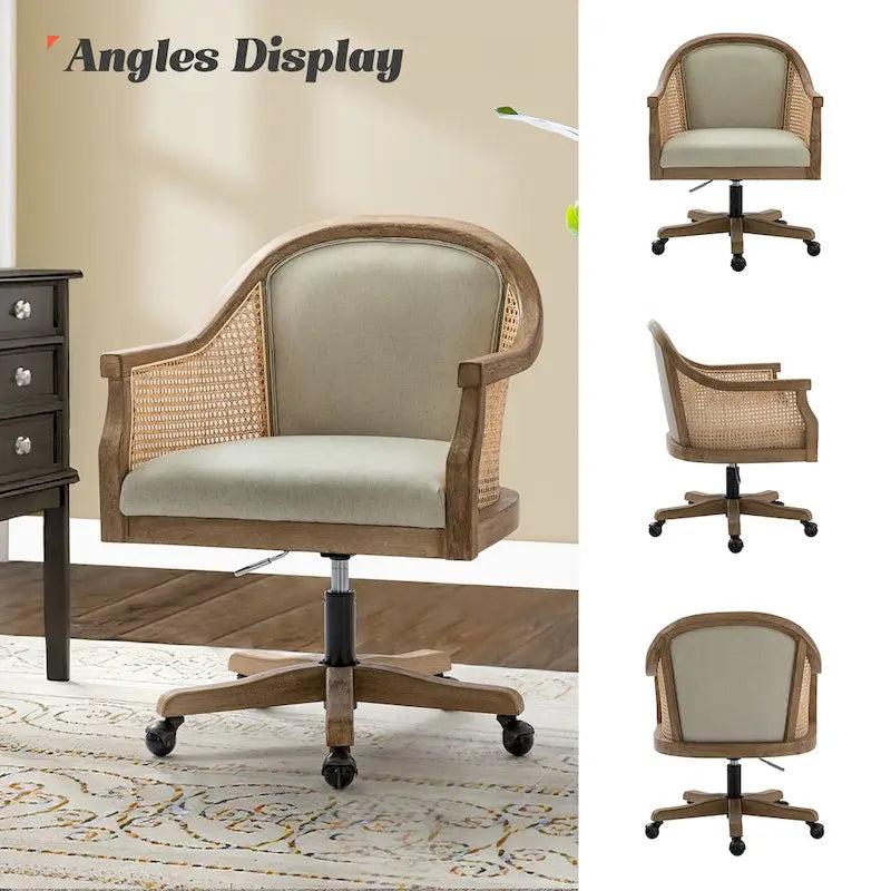 Chaise de bureau pivotante à 360 degrés et réglable en hauteur en rotin Danilo Farmhouse avec bois d'hévéa par HULALA HOME