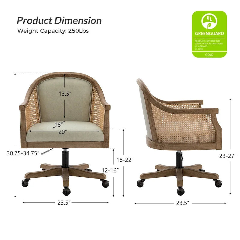 Chaise de bureau pivotante à 360 degrés et réglable en hauteur en rotin Danilo Farmhouse avec bois d'hévéa par HULALA HOME