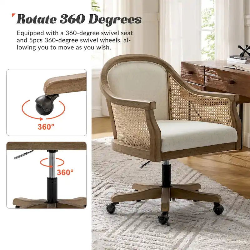 Chaise de bureau pivotante à 360 degrés et réglable en hauteur en rotin Danilo Farmhouse avec bois d'hévéa par HULALA HOME