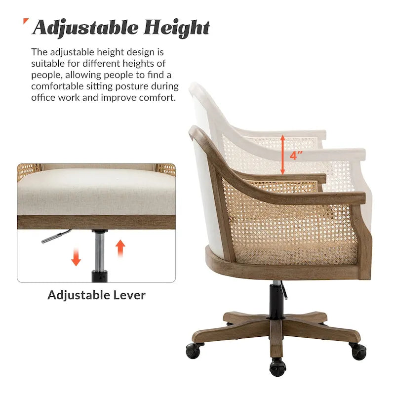 Chaise de bureau pivotante à 360 degrés et réglable en hauteur en rotin Danilo Farmhouse avec bois d'hévéa par HULALA HOME