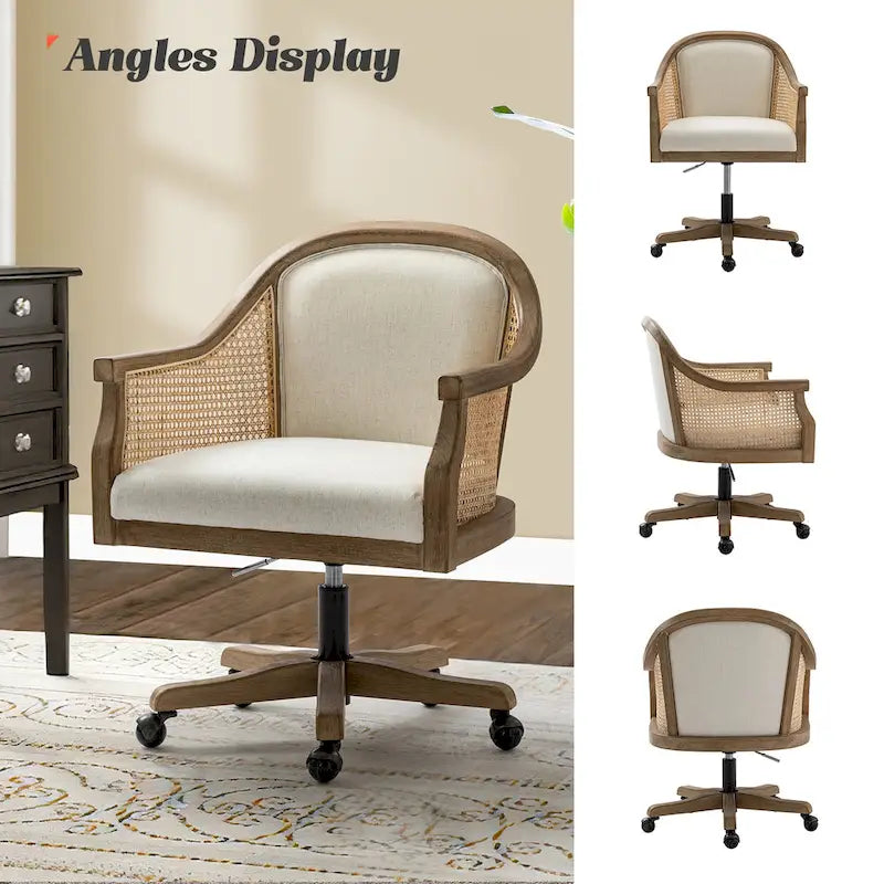 Chaise de bureau pivotante à 360 degrés et réglable en hauteur en rotin Danilo Farmhouse avec bois d'hévéa par HULALA HOME