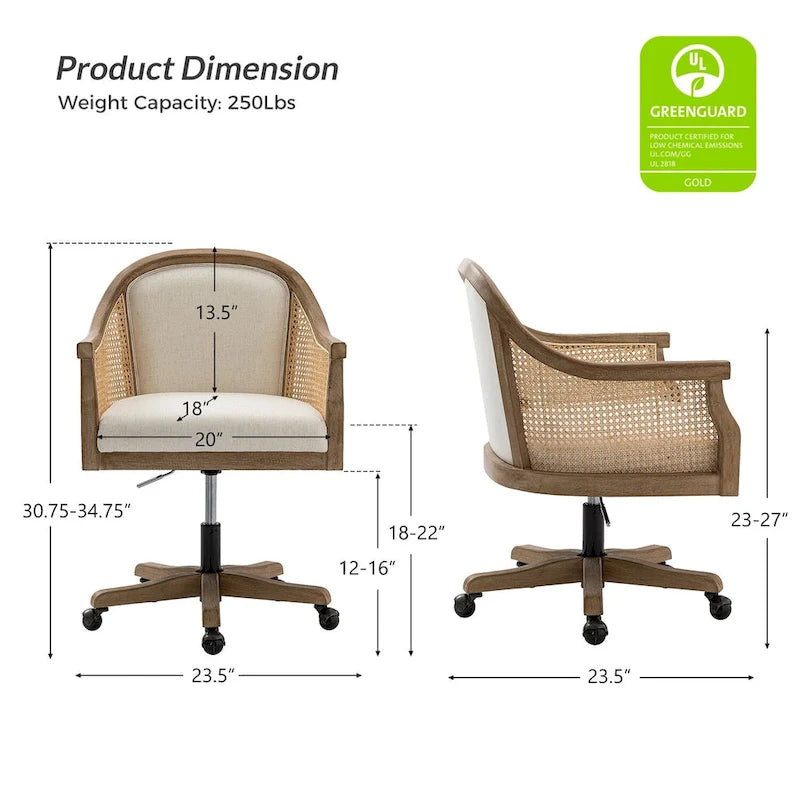Chaise de bureau pivotante à 360 degrés et réglable en hauteur en rotin Danilo Farmhouse avec bois d'hévéa par HULALA HOME
