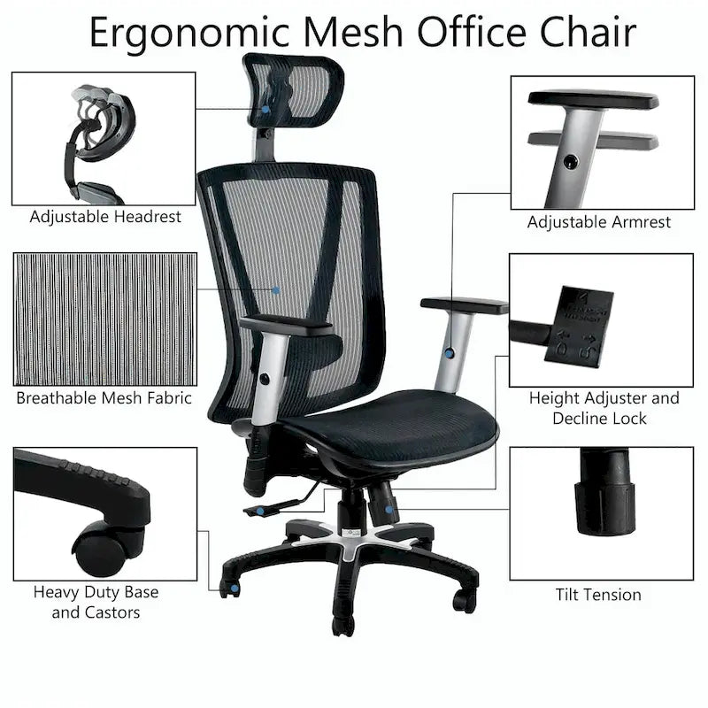 Fauteuil de bureau ergonomique ErgoMax Office entièrement maillé, réglable en hauteur, marron, avec accoudoirs et appui-tête, hauteur maximale de 132 cm