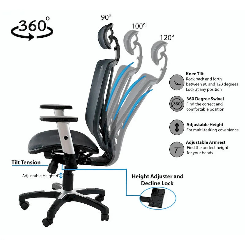 Fauteuil de bureau ergonomique ErgoMax Office entièrement maillé, réglable en hauteur, marron, avec accoudoirs et appui-tête, hauteur maximale de 132 cm