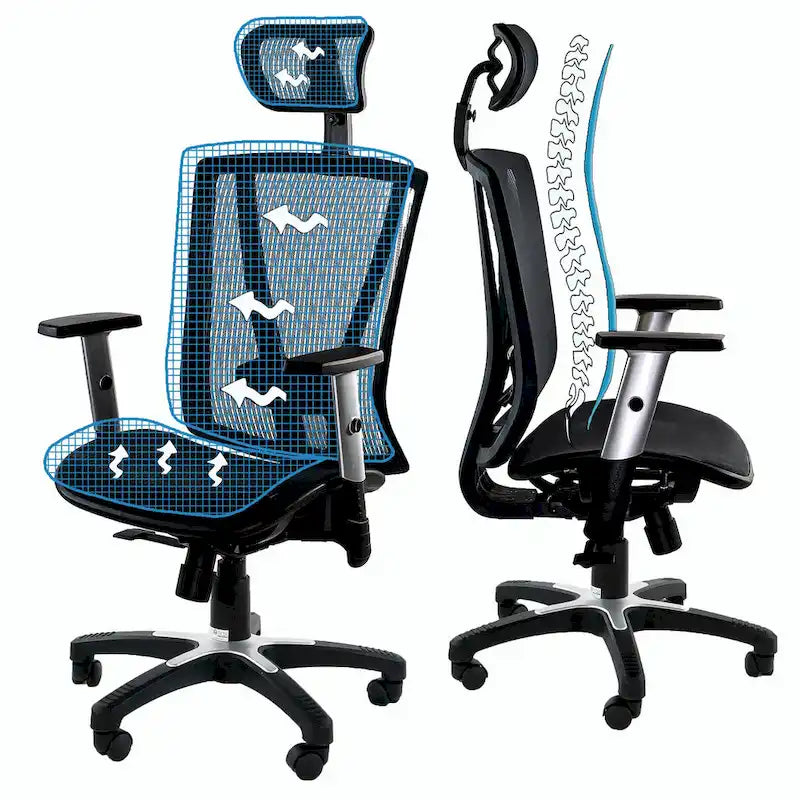 Fauteuil de bureau ergonomique ErgoMax Office entièrement maillé, réglable en hauteur, marron, avec accoudoirs et appui-tête, hauteur maximale de 132 cm