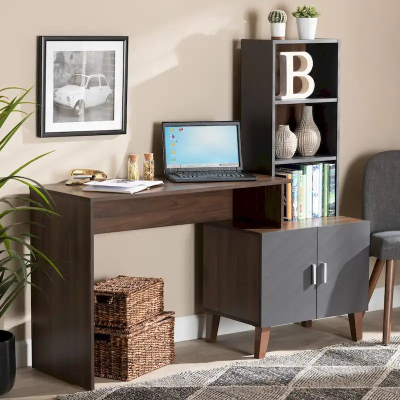 Jaeger Two-Tone Brown and Dark Grey Wood Storage Desk with Shelves