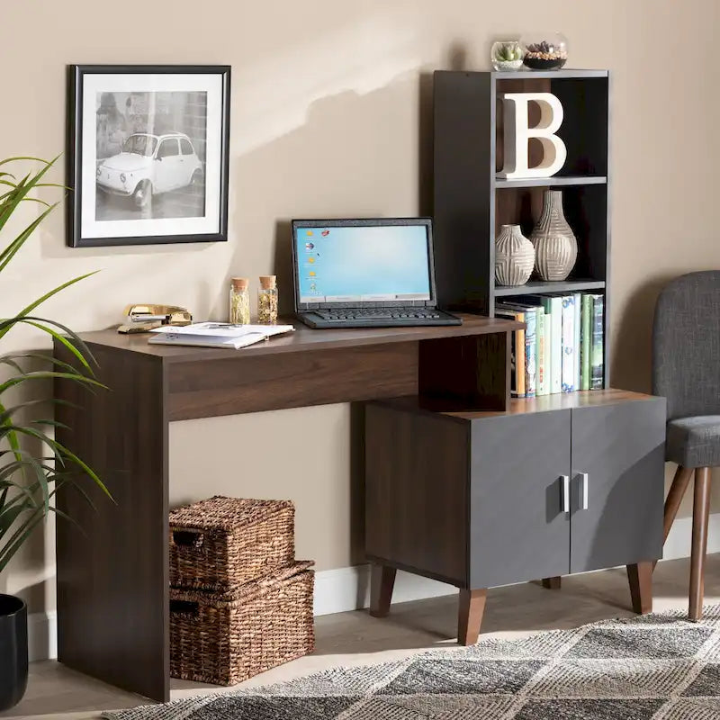 Bureau de rangement Jaeger bicolore marron et gris foncé en bois avec étagères