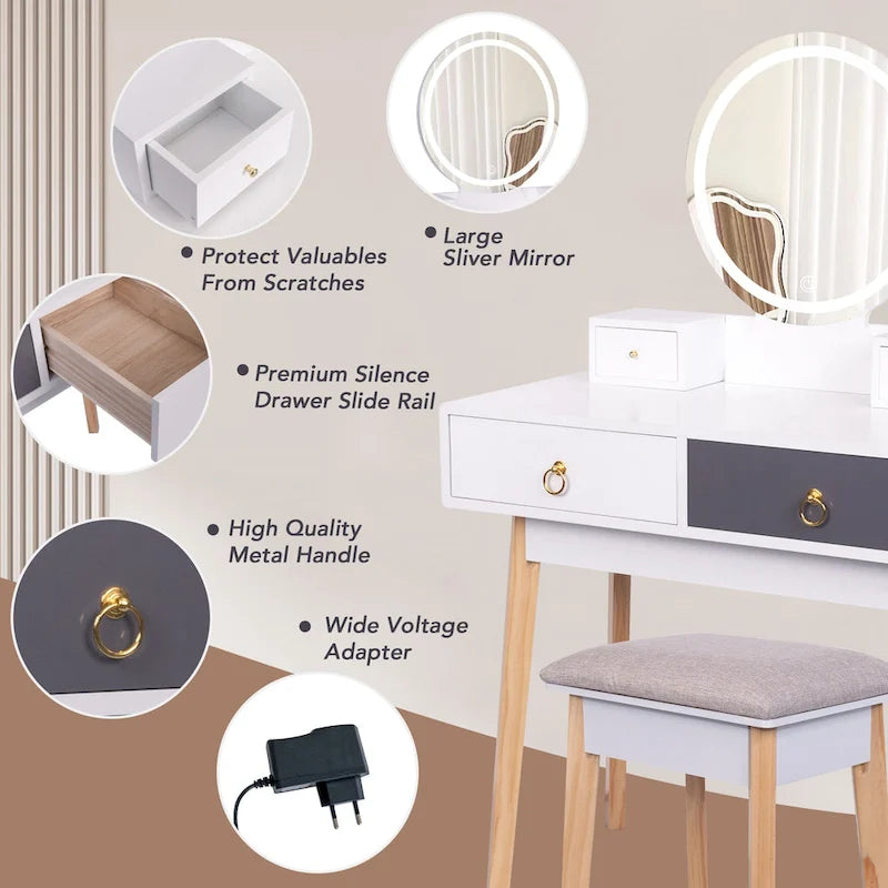 Coiffeuse moderne avec miroir et lumières, ensemble de 4 tiroirs pour le maquillage