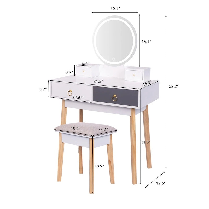 Coiffeuse moderne avec miroir et lumières, ensemble de 4 tiroirs pour le maquillage