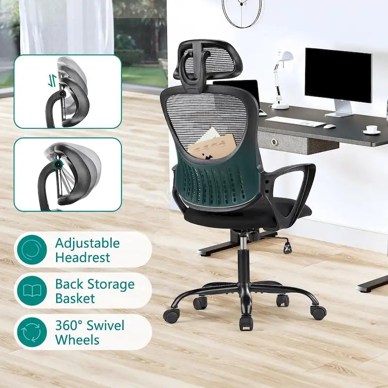 Chaise de bureau ergonomique, Chaise de bureau d'ordinateur confortable en maille à dossier haut avec accoudoirs fixes et appuie-tête réglable, Chaise pivotante à roulettes