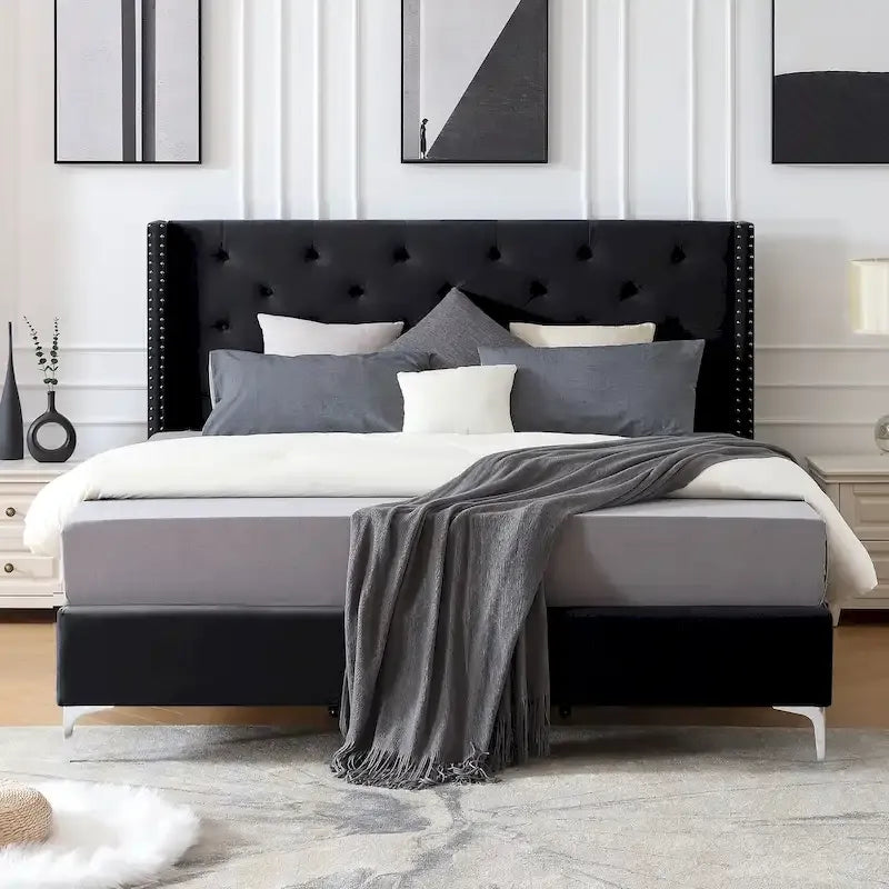 Cadre de lit plateforme Morden Fort King Size en velours rembourré avec pieds en métal de 15 cm