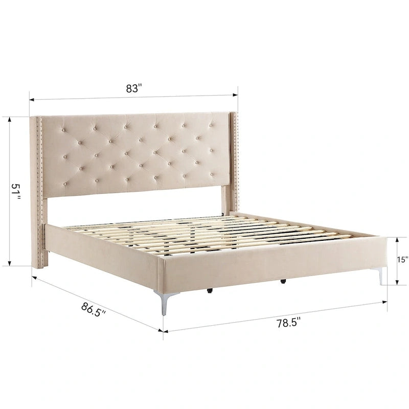 Cadre de lit plateforme Morden Fort King Size en velours rembourré avec pieds en métal de 15 cm
