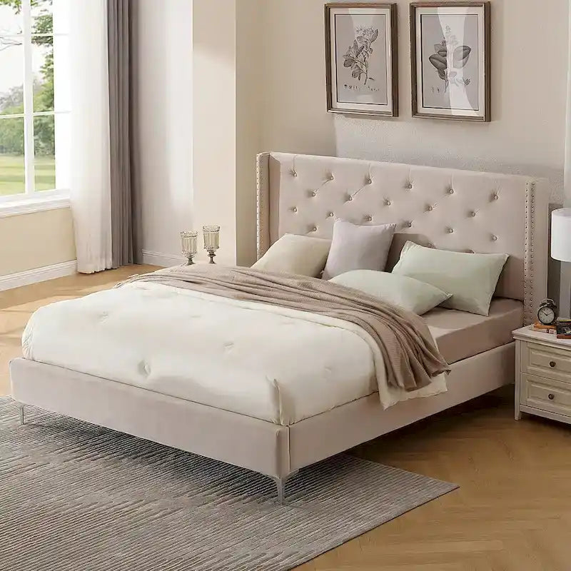 Cadre de lit plateforme Morden Fort King Size en velours rembourré avec pieds en métal de 15 cm