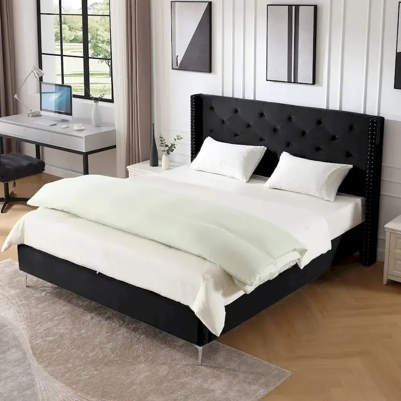 Cadre de lit plateforme Morden Fort King Size en velours rembourré avec pieds en métal de 15 cm