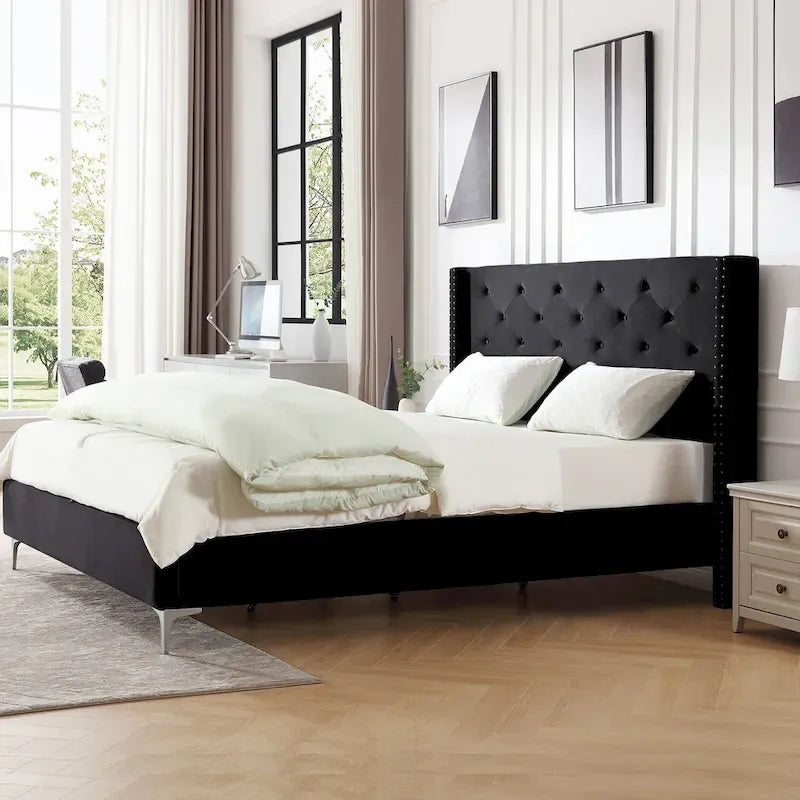 Cadre de lit plateforme Morden Fort King Size en velours rembourré avec pieds en métal de 15 cm
