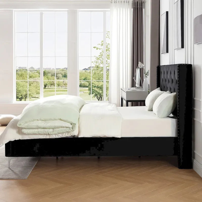 Cadre de lit plateforme Morden Fort King Size en velours rembourré avec pieds en métal de 15 cm